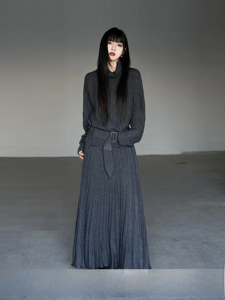 

Новый осенне-зимний комплект: вязаный свитер с высоким воротом и юбка с поясом для женщин, удобный, мягкий, из нейлоновой смеси