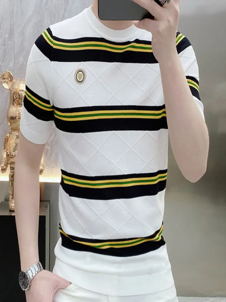 

Summer New Personalized Stripes Slim Fit, Handsome, Elastic Thin, Versatile Knitted Short Sleeve Round Neck Ice Silk T-shirt