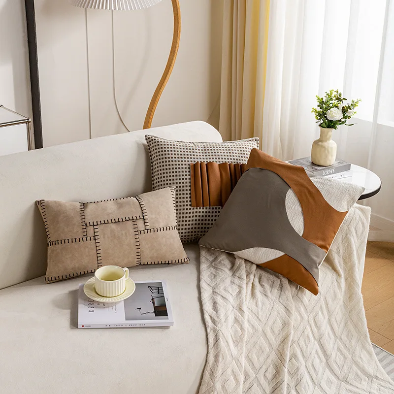 Modern Leather Patchwork Cushion Cover Khaki Light Luxury Geometric Splicing Pillowcase Home Design Living Room Sofa Pillowslip