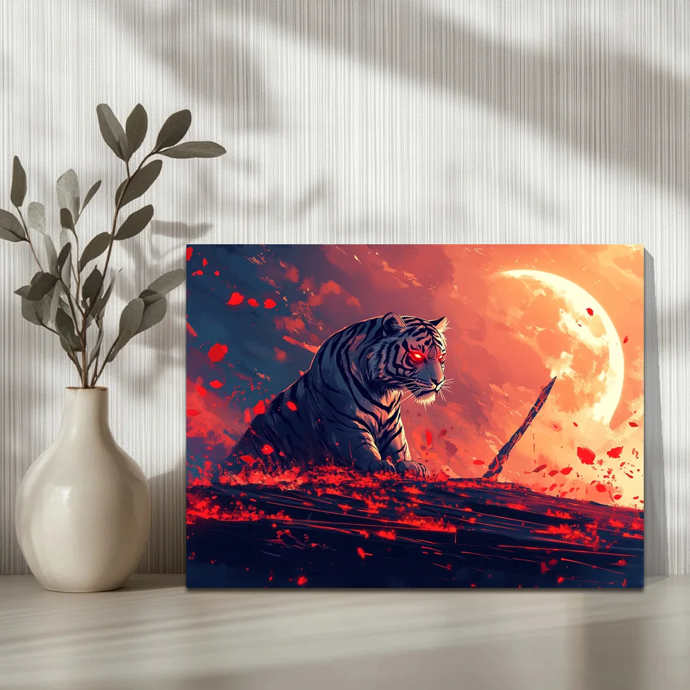 1pc,Angry Tiger, Deep Red Moon F, Modern Canvas Wall Art, Waterproof Wall Painting Poster Picture Art, Framed, 16x12inch