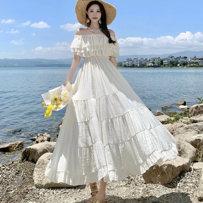 섹시한 러플 슬래시 넥 보헤미안 롱 드레스 여성 여름 우아한 오프숄더 하이웨이스트 휴가 비치 드레스 2025 신상