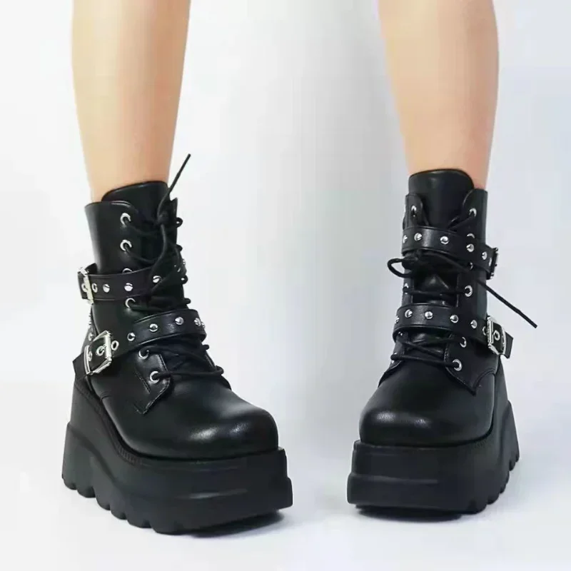 New Women's Pu Leather Ankle Boots Women Autumn Winter Round Toe Lace Up Shoes Woman Motorcycle Platform Botas Gothic Shoes