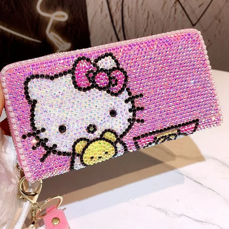 

Anime Sanrio Hello Kitty Wallet Rhinestone Card Bag Cartoon Heart Long Zipper Student Mobile Folding Wallet Coin Bag Women Gifts