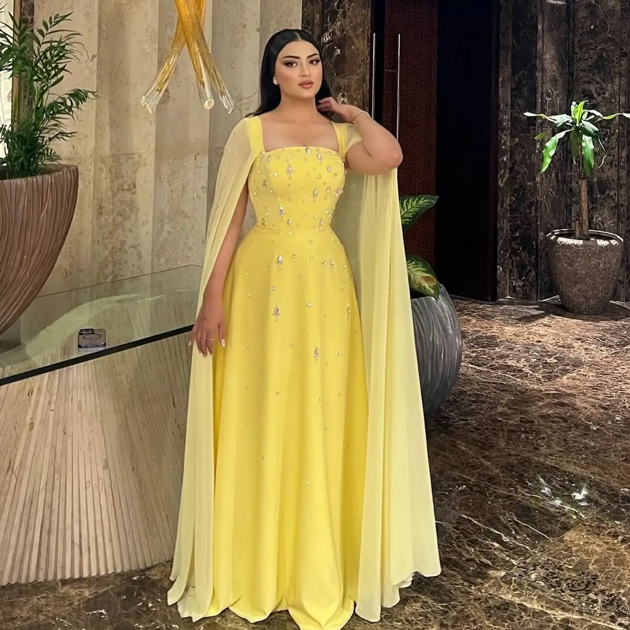 Yellow Square Neck Satin Crystal Prom Dresses Long for Arabic Women with Chiffon Jacket A Line Evening Gowns Customized