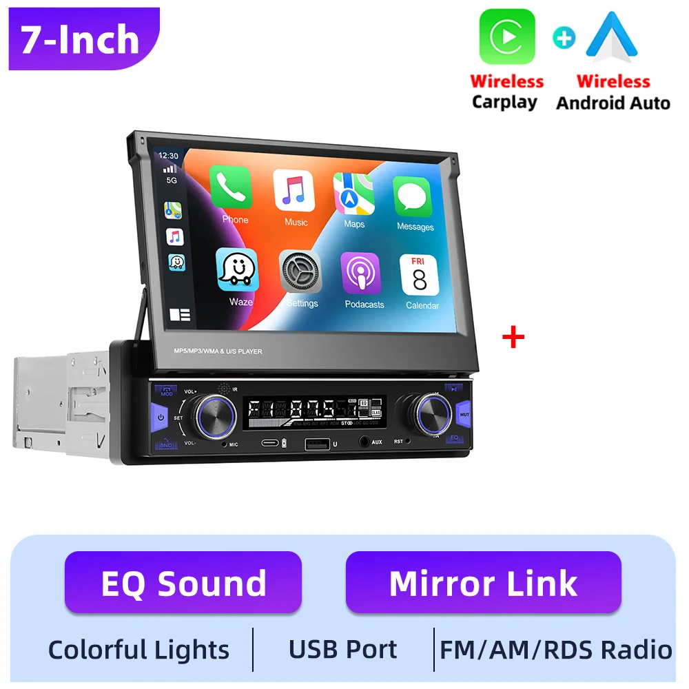 Podofo 7'' 1 DIN Handmatig intrekbaar scherm Auto-multimediaspeler Draadloos Carplay Android Auto Autoradio Bluetooth FM