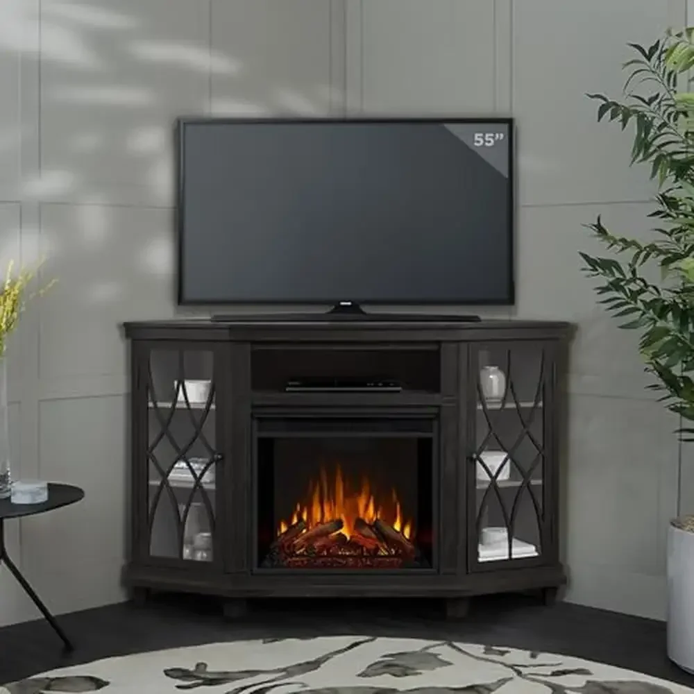 Corner Electric Fireplace TV Stand with Realistic Flames Adjustable Thermostat and Timer Function Up to 55