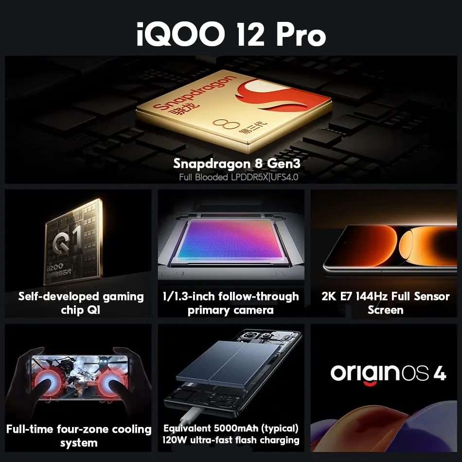 IQOO 12 PRO Snapdragon 8 Gen3 6.78\'\' 144Hz 2K E7 AMOLED Screen Octa Core 5100mAh Battery 120W SuperVOOC NFC 64MP Tripe Camera