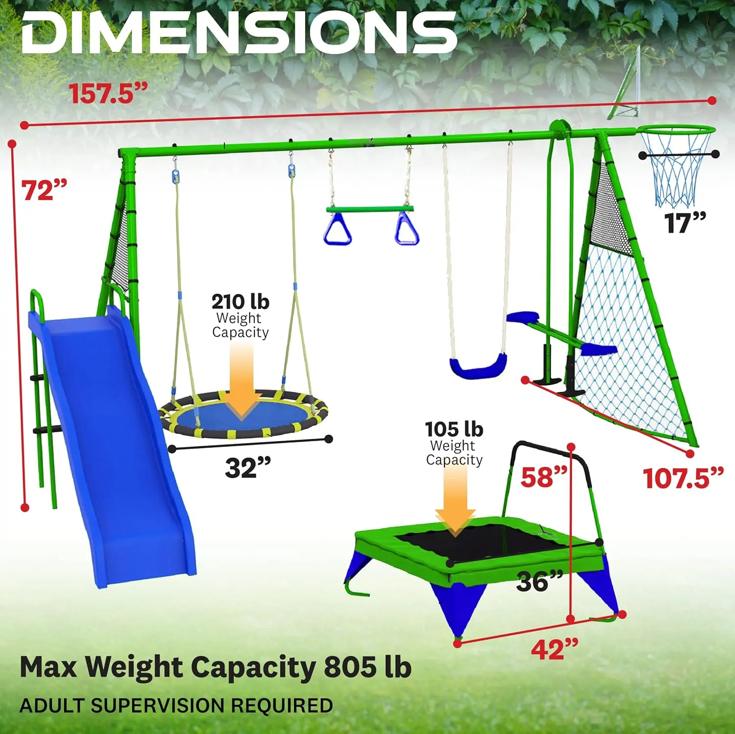 Ensemble de terrain de jeu Sports Outdoor 8 Stations, comprend un ensemble de balançoire, un toboggan, des barres de singe, un panier de basket-ball, un trampoline, du football et du basket-ball
