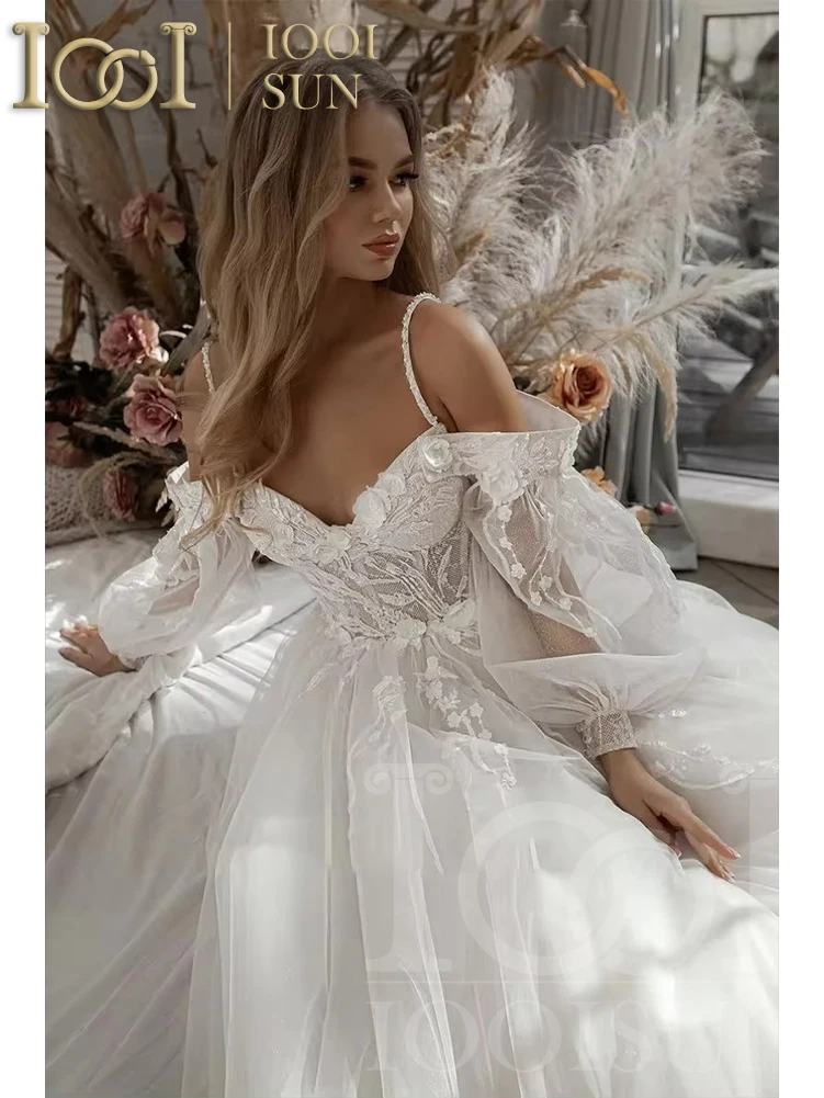 IOOISUN ชุดแต่งงานพัฟแขน Appliques ลูกไม้ 3D ดอกไม้ปิดไหล่ Tulle Boho ชุดเจ้าสาว vestidos de novia ที่กําหนดเอง