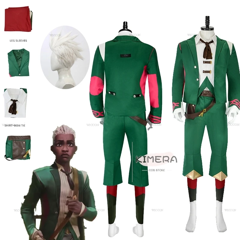 Arcane S2 Ekko Cosplay Costume Wig Green Suit Pants Vest Green Dancing Outfit Halloween Party Anime LOL Mens Roleplay Clothes