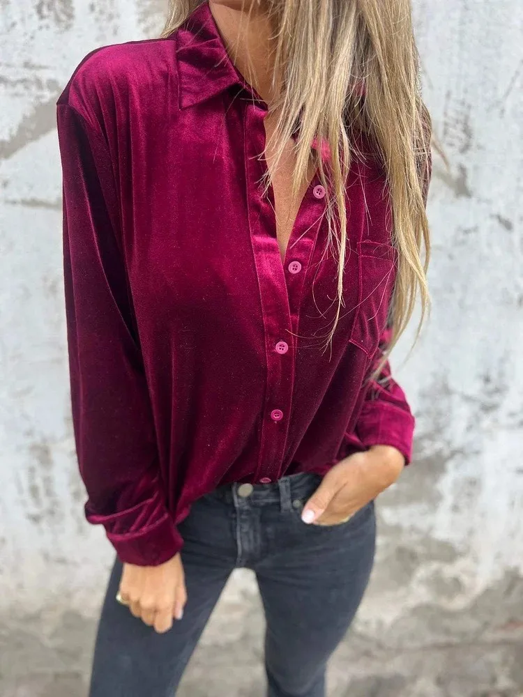 Autumn Winter Gold Velvet Pocket Shirt For Women 2024 Lapel Long Sleeve Button Blouse Top Fashion Loose Solid Color Top Female