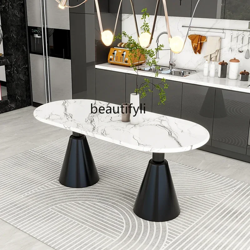 

French Cream Style Marble Slate Holy Grail Dining Table Black Oval Holy Grail Dining Table Household