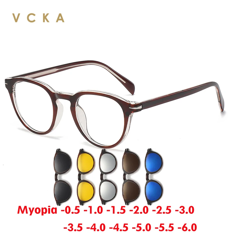 VCKA 6 In 1 Round  Myopia Sunglasses Transparent Tea Frame Magnetic Clips Eyewear Men Women Polarized Custom Glasses -0.5 TO -10