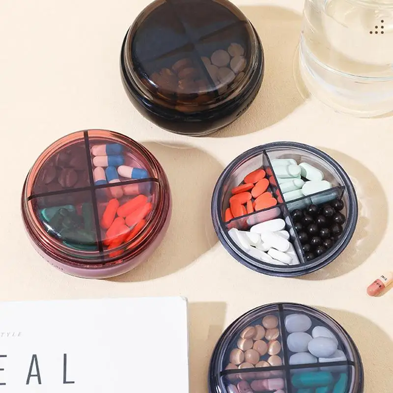 Small Round Pill Box Case For Purse Pocket Double Layer 4 Compartment Medicine Travel Pillbox Container Holder Medication