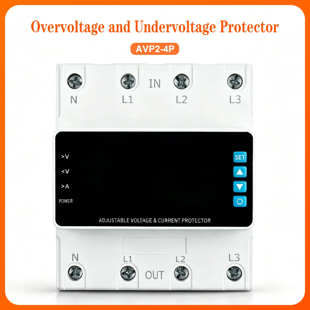 3 Phase 4 Wire Din Rail Mounted Protector Digital Adjustable Overvoltage Undervoltage Overcurrent Auto Reset Device AVP2-4P