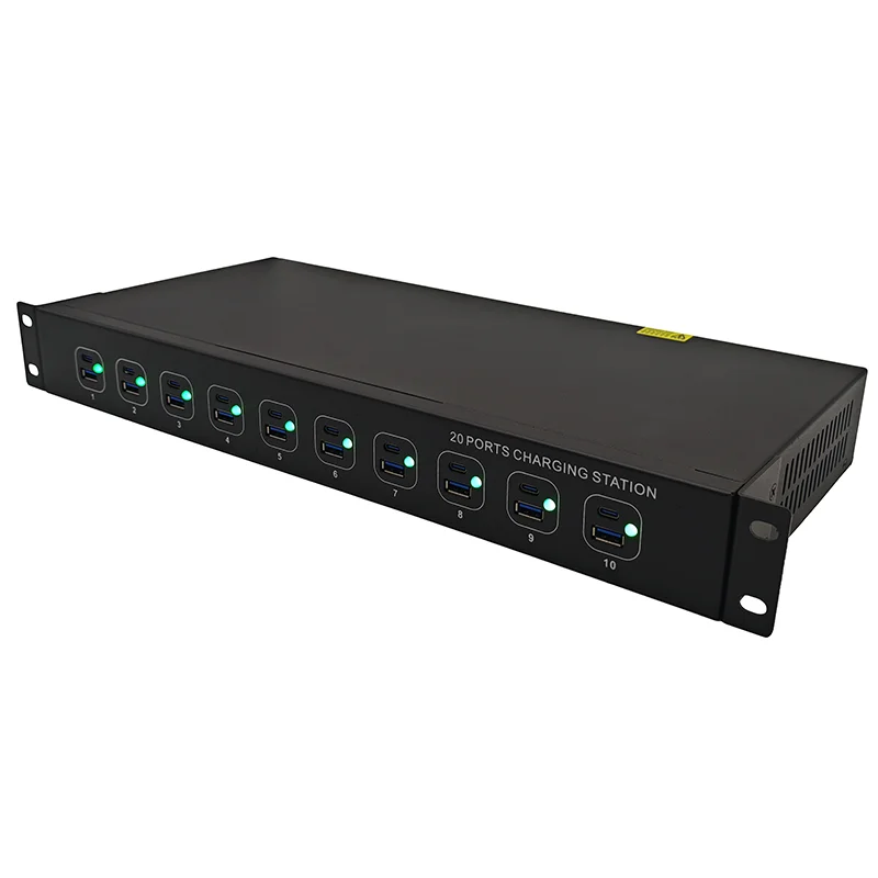 20-port 1U cabinet type dual-port smart charger, can be placed in 19-inch cabinet, multi-port fast charging, with indicator ligh