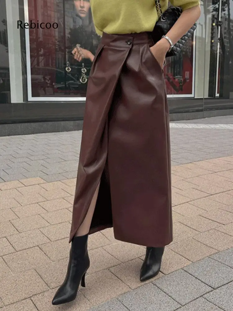 Womens Faux Leather Midi Skirt High Waist Wrap Front Button Decor Split Long Skirt With Pockets For Fashion Urban Daily Looks