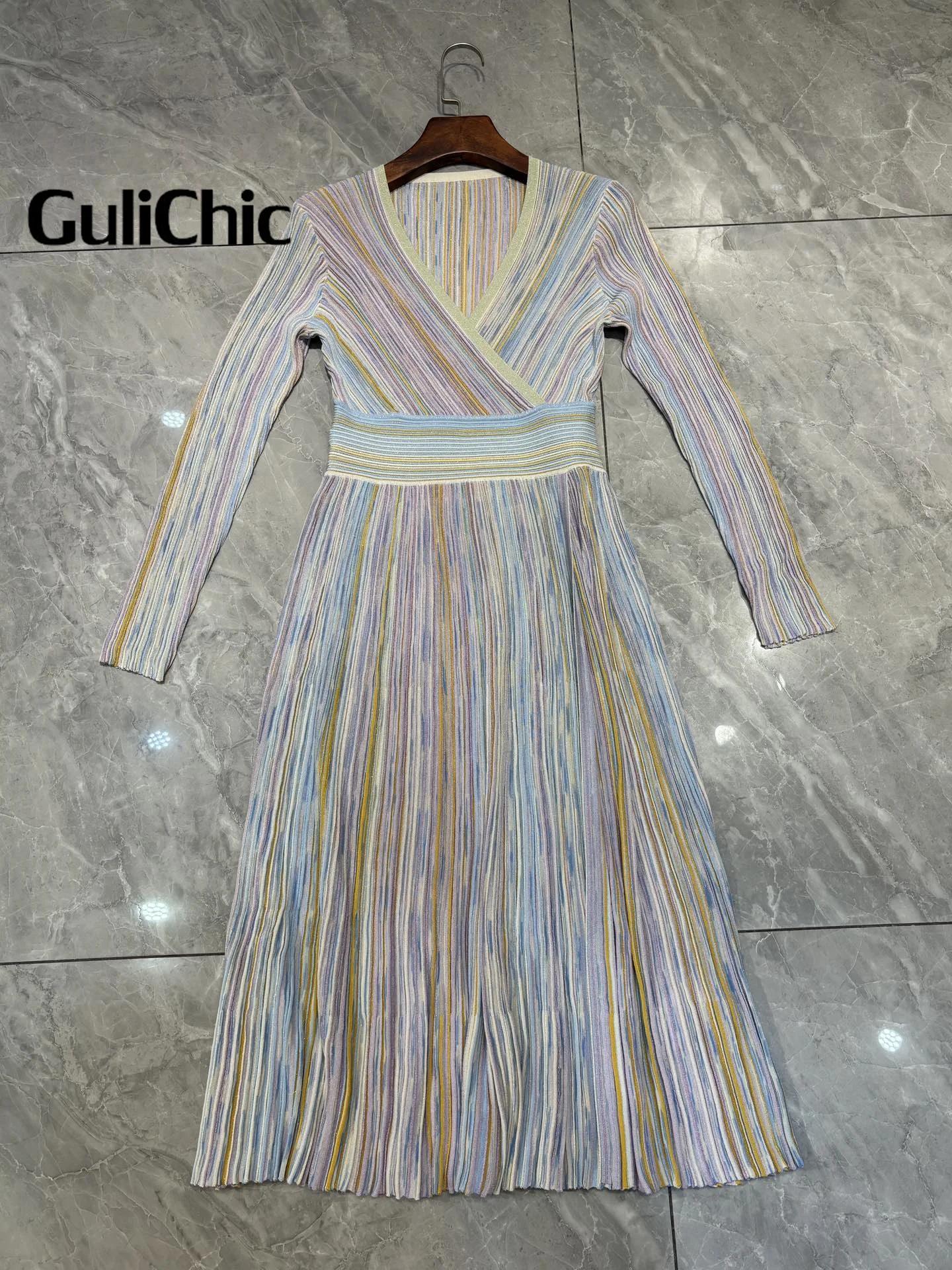 8.28 GuliChic Women Temperament V-Neck Colorful Striped Bright silk Design Collect Waist Slim Split Pleated Knit Dress