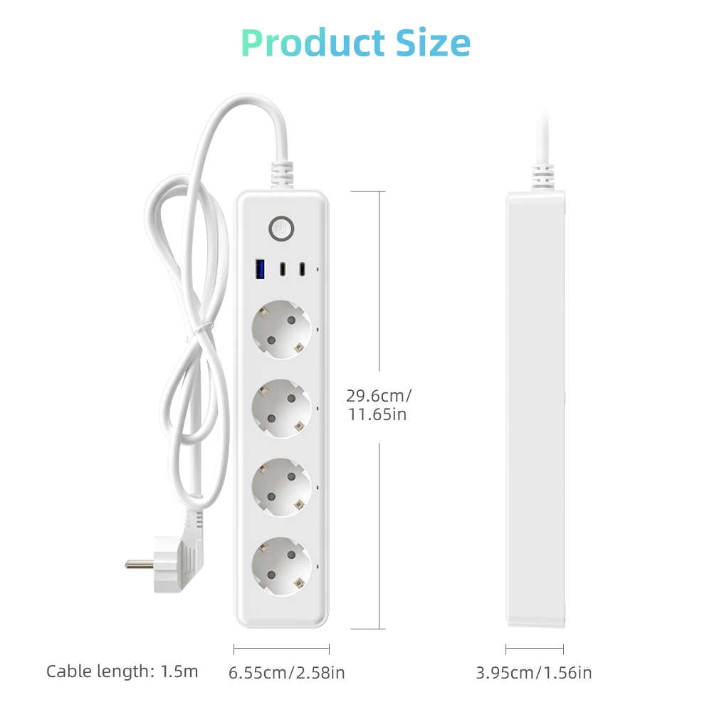 AVATTO Tuya WiFi Power Strip With 1 USB/2 Type-C Portable Extension Socket Plug 1.5m Cable AC Power Travel Adapter Smart Charger