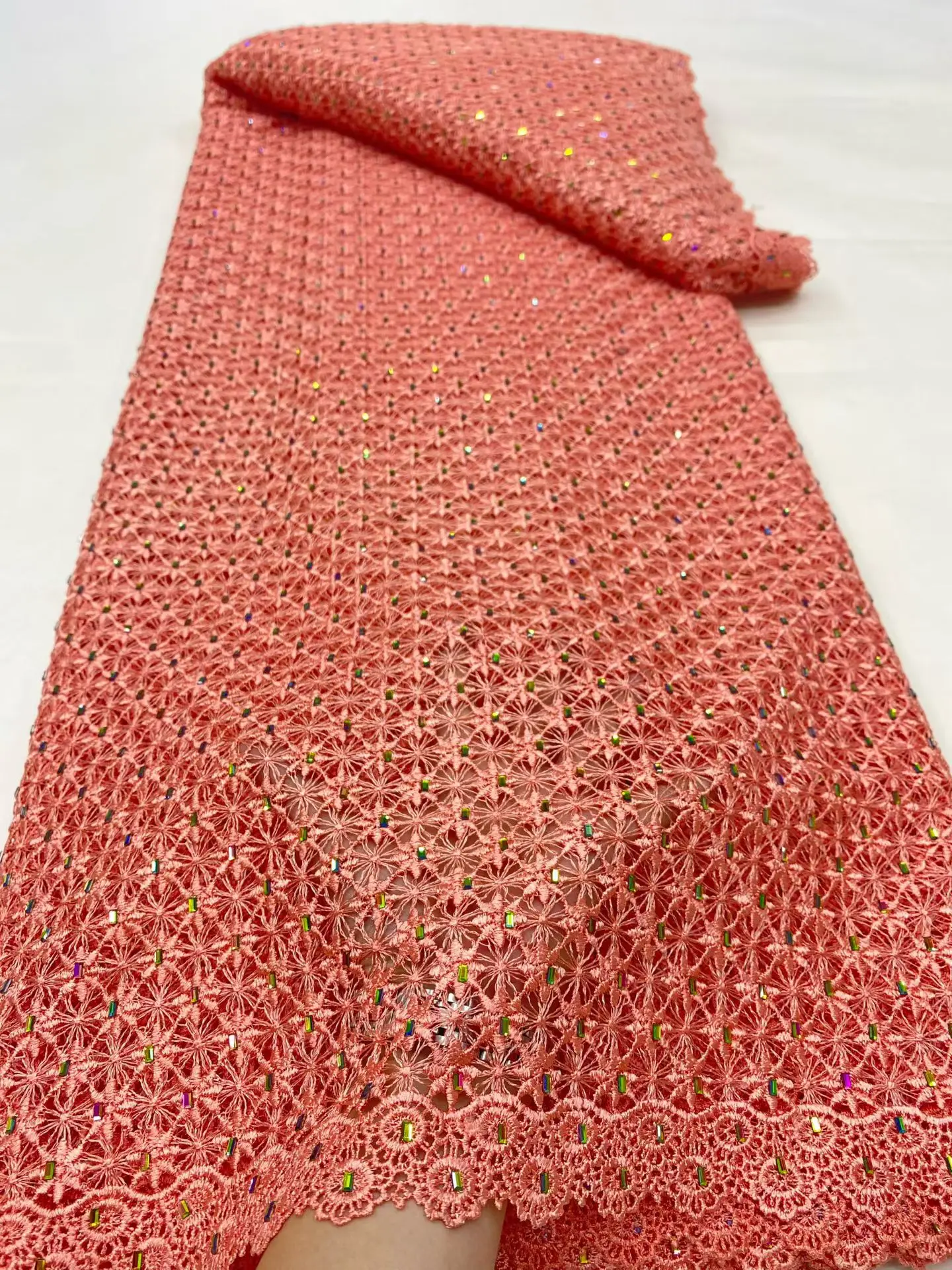 

High Quality 2025 African Cotton Fabrics Embroidery For Women 5Yards Wedding Dress Water Soluble Lace Rhinestone Fabric DP0458