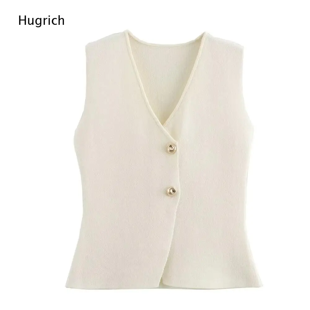 Women Solid Color Knit Waistcoat Sleeveless Deep V Neck Diagonal Button Front Slim Fit Casual Layering Outer Tank