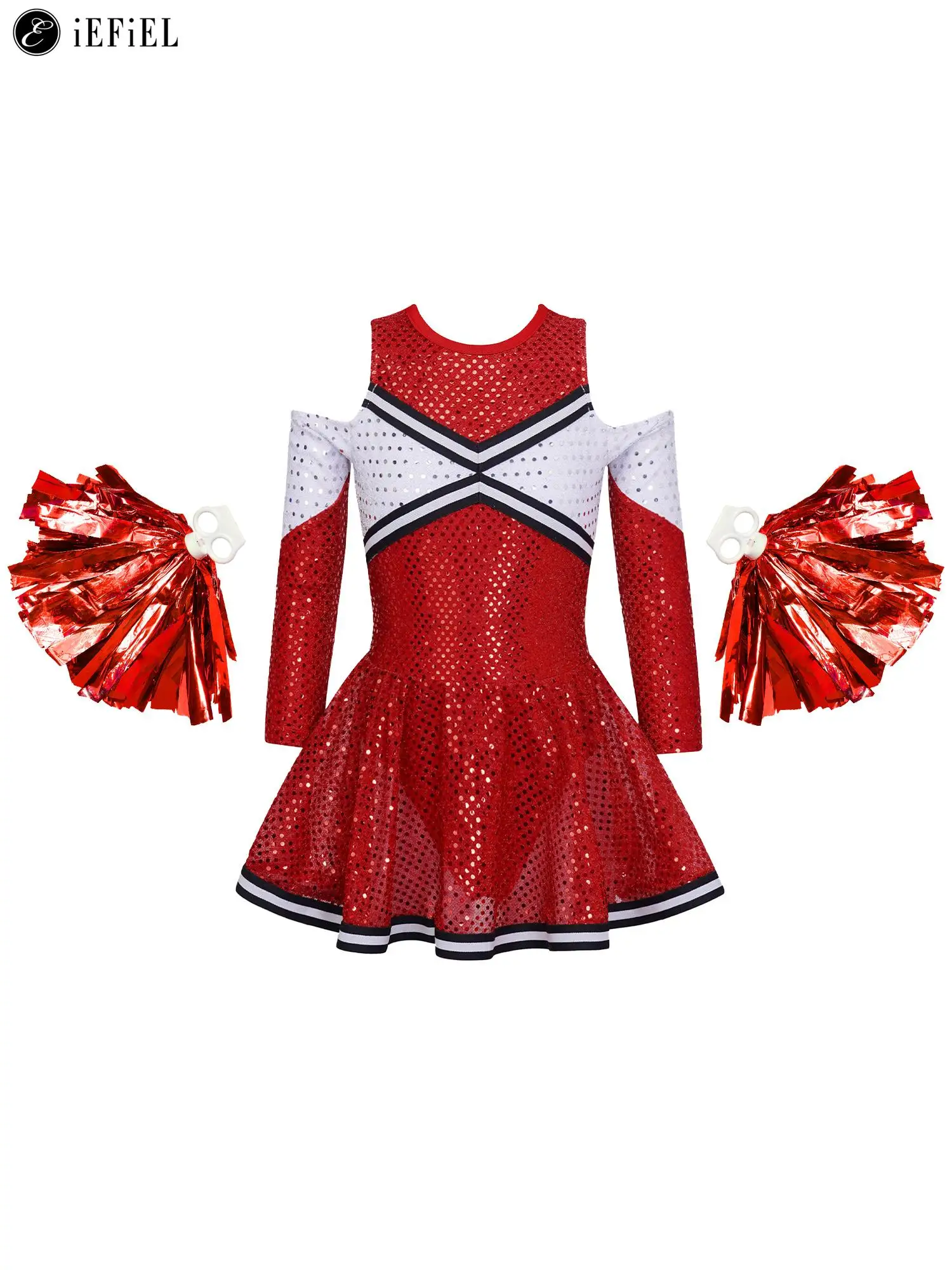 Kids Girls Sequins Cheer Leader Costume Long Sleeve Off Shoulder Latin Jazz Dance Stage Performance Cheerleading Dress Outfits