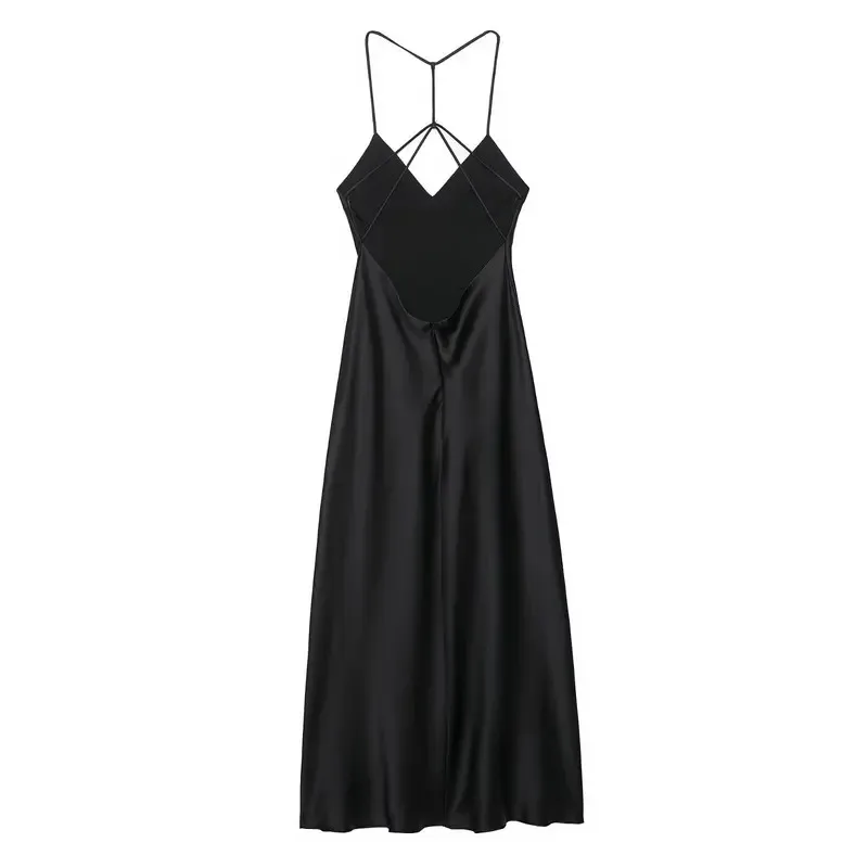 

Summer 2025 Women's Black Sling Dress Satin Texture Cross Back Elegant Fashion Party Gown for Women