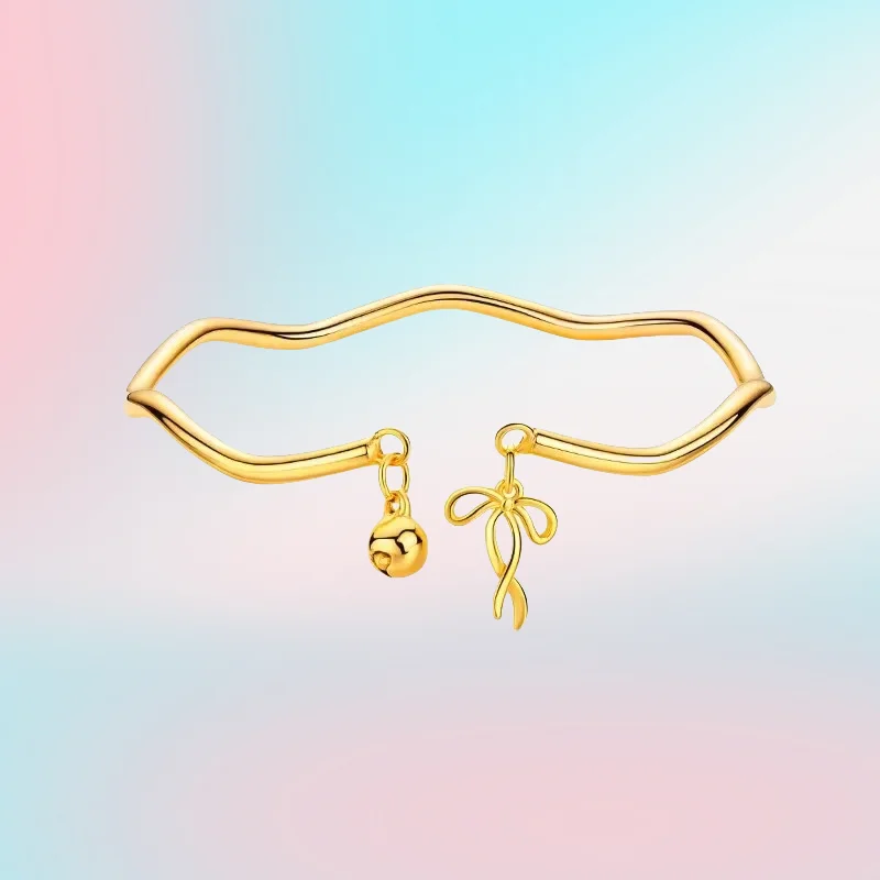 

new 9999 Real Gold 24K New Princess on the Run Super Fairy Sweet Bow Wave Bracelet Tassel Bow Bell Bracelet