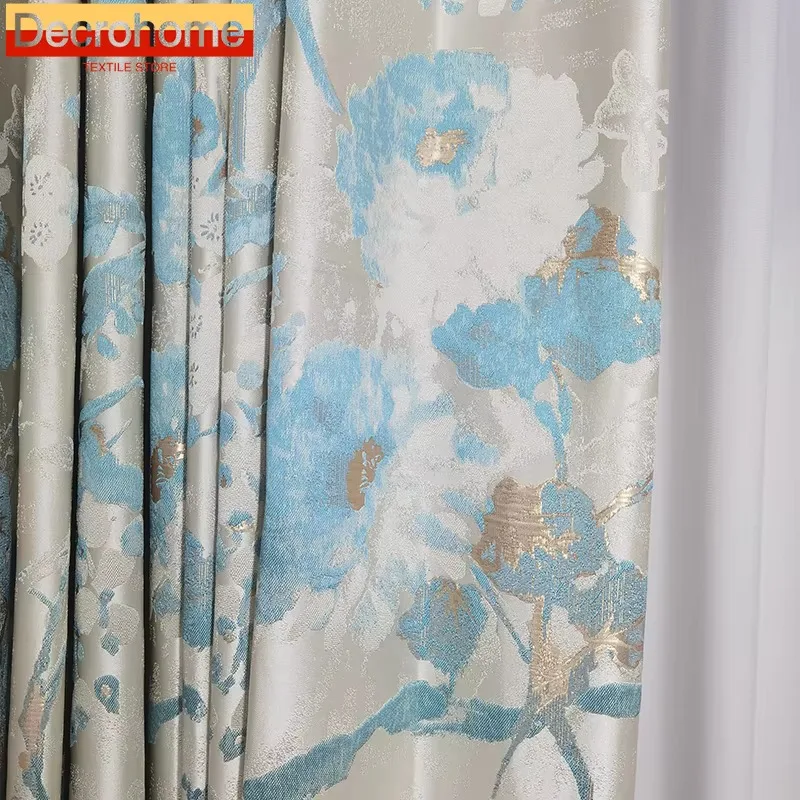 

New Chinese Flower Gold Thread Jacquard Thickened Blackout Curtains for Bedroom Living Room French Window Balcony Customization