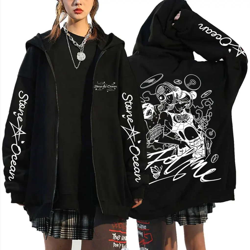 Anime Jojo Bizarre Adventure Jolyne Cujoh Merch Zipper Hoodie Men Women Cartoon Manga Zip Up Jacket Cosplay Oversized Streetwear