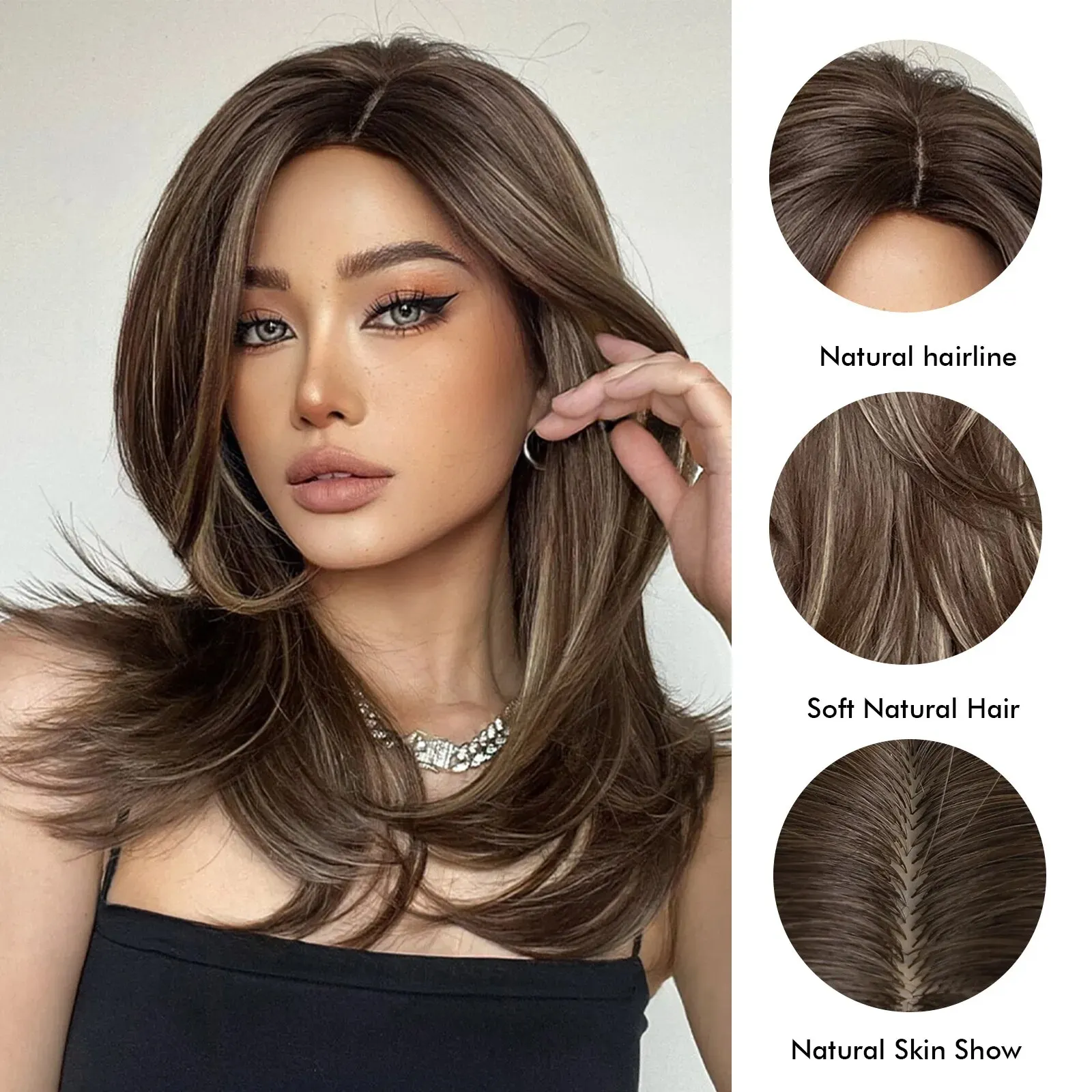 City Ladies Style Medium Short Synthetic Wigs Ombre Brown Hair Wig with Side Bangs for Girls and Women Daily Use Wear Natural