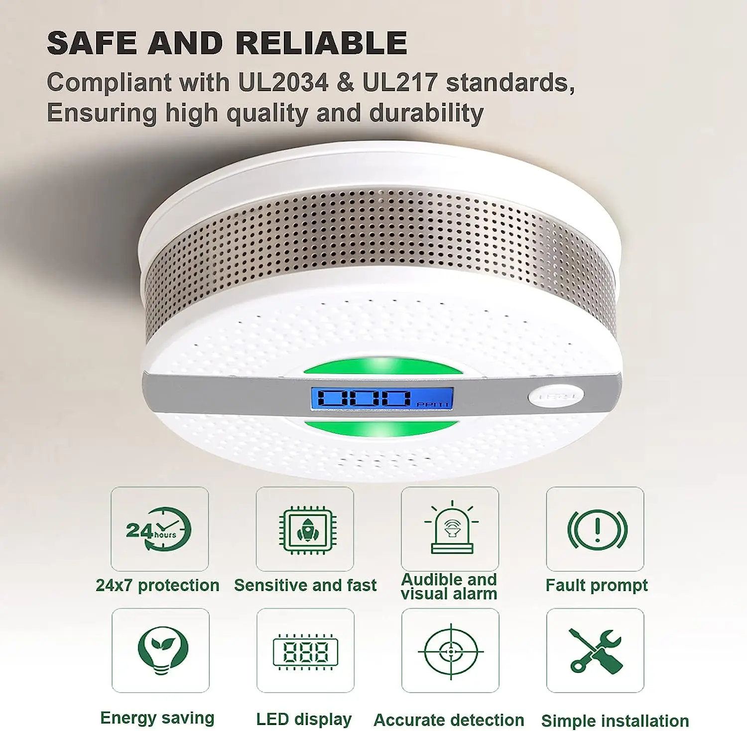 Smoke and Carbon Monoxide Detector，Combination Smoke & CO Alarm with LCD Display, LED Lights and Lound Sound Alert,Fire Protect