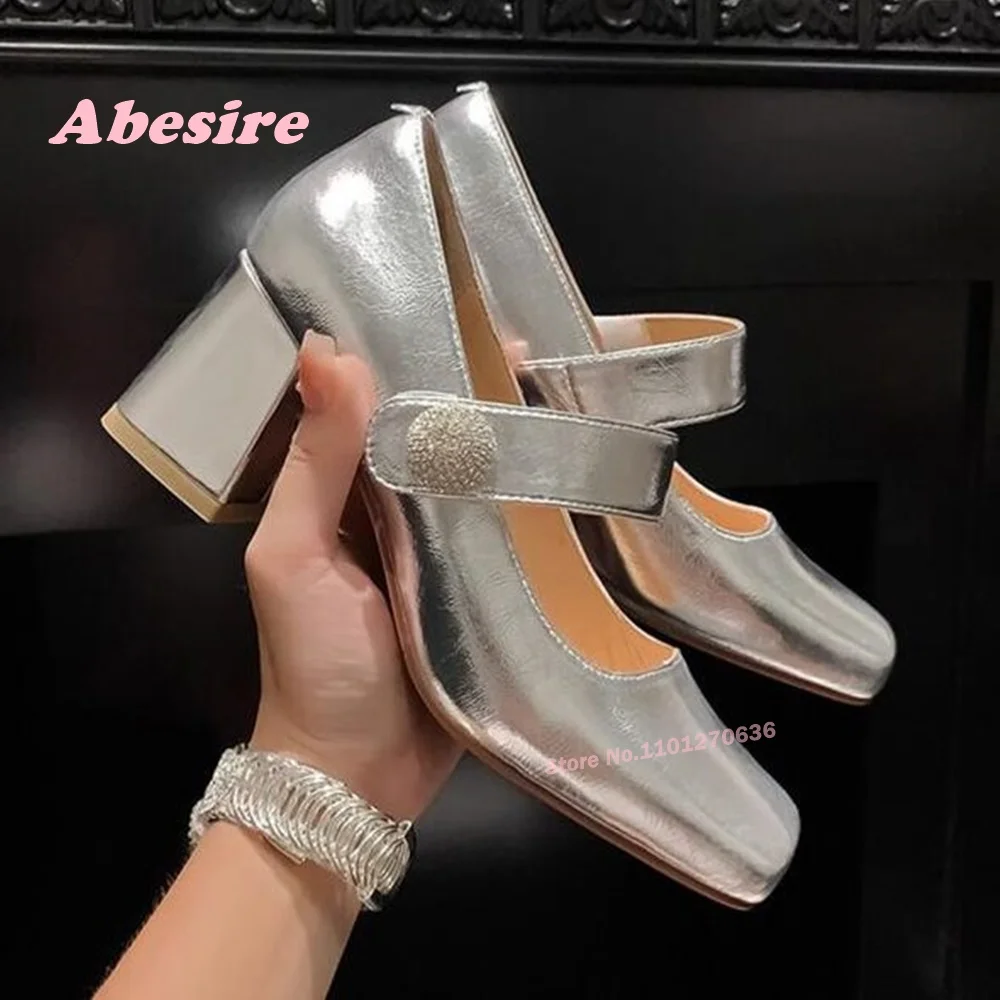 

Silver Black Crystals Mary Janes Retro Square Toe Chunky Heels Shallow Pumps Hook and Loop Spring Shoes for Women Newest 2024