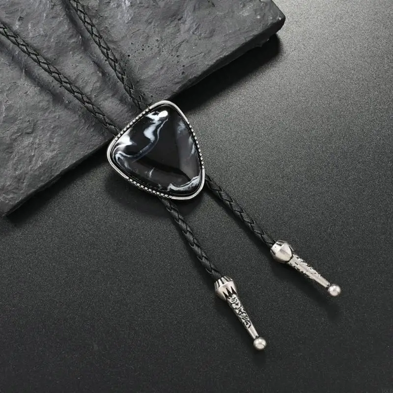 Fashionable Triangular Stone Bolo Tie Cowboy Costume Necklace for Men and Women Western Faux Leather Cord Necktie Chain 