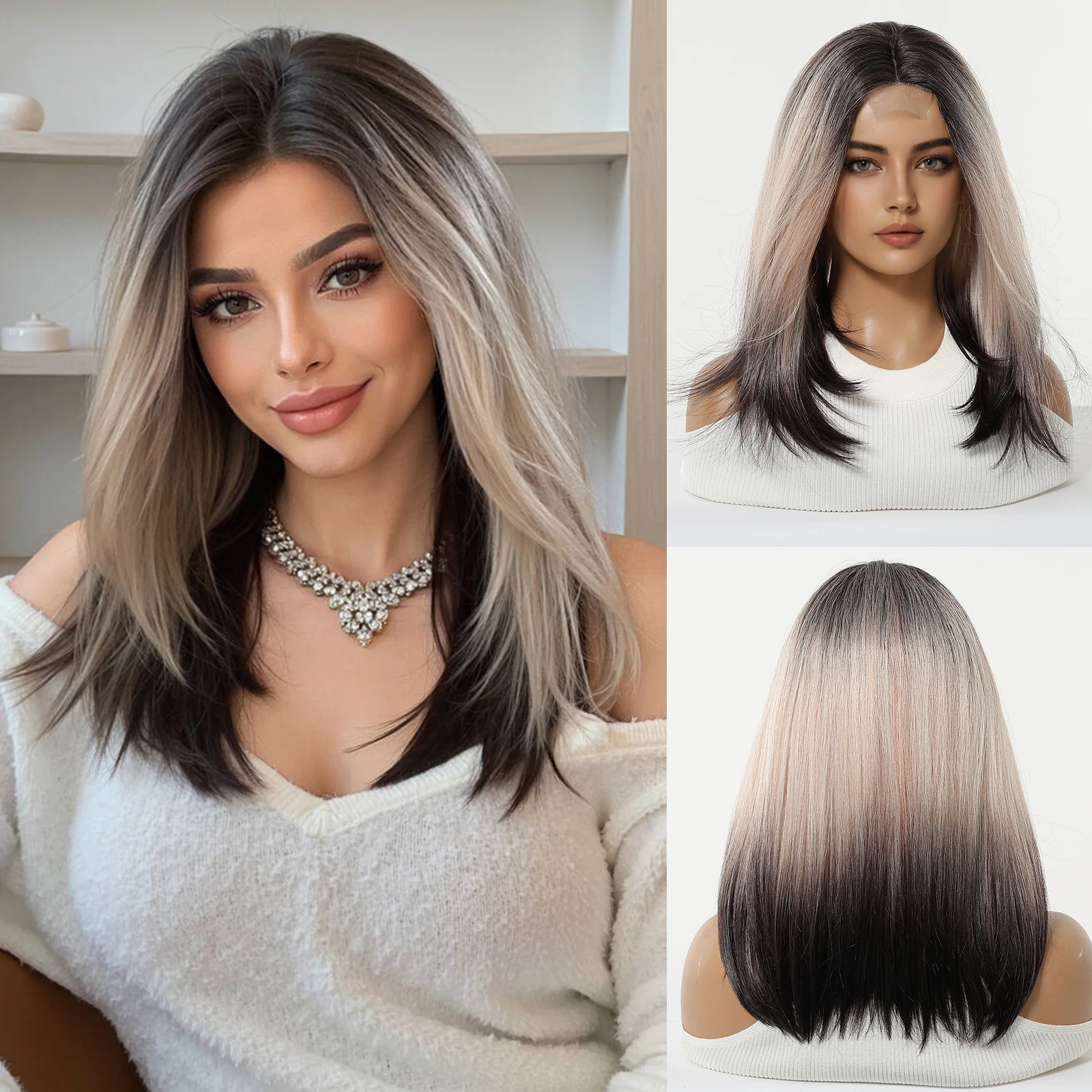 

Henry Margu Medium Synthetic Wig Silver Grey to Black Gradient Style Natural Hair Heat Resistant Fiber Mixed Tones for Women