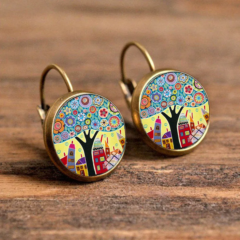 Fashion Jewelry Dome Glass Alloy Earrings Beautiful House Pattern Bronze Color Creative Gifts