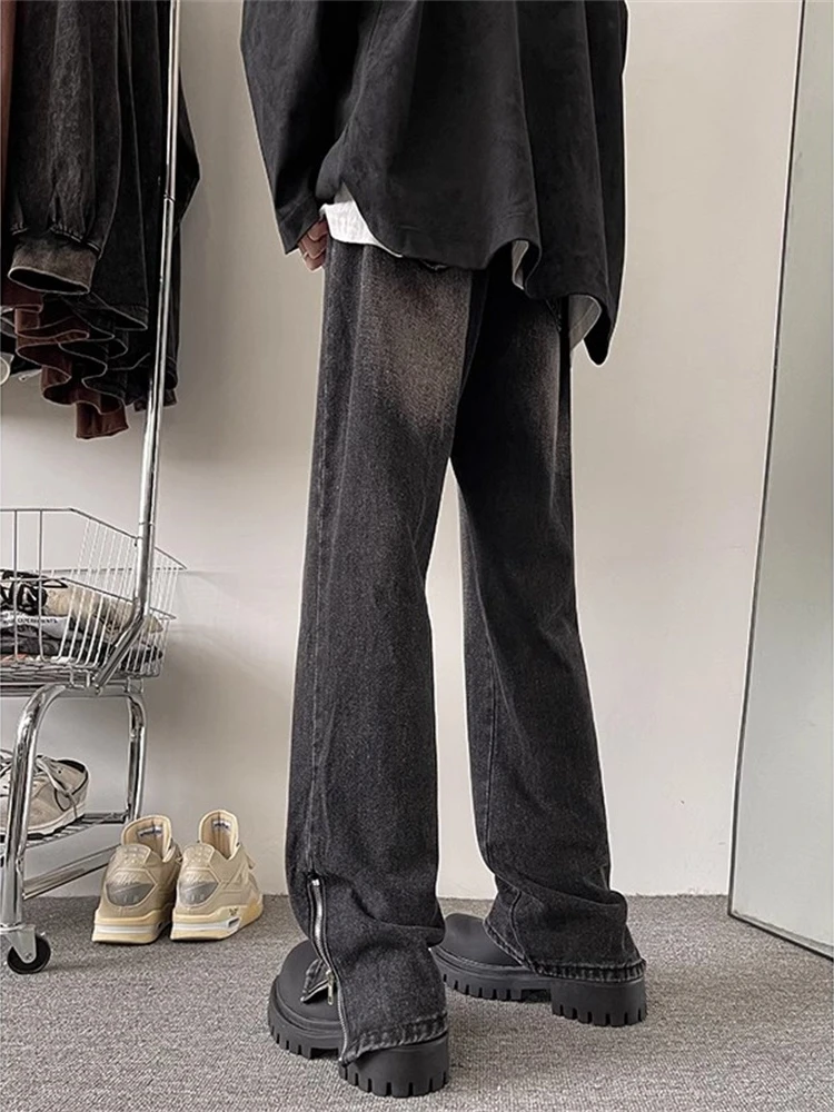 

Джинсы-клеш с удлиненными штанинами и высокой талией для мужчин в американском уличном стиле, на молнии, износостойкие, молодежные, трендовые