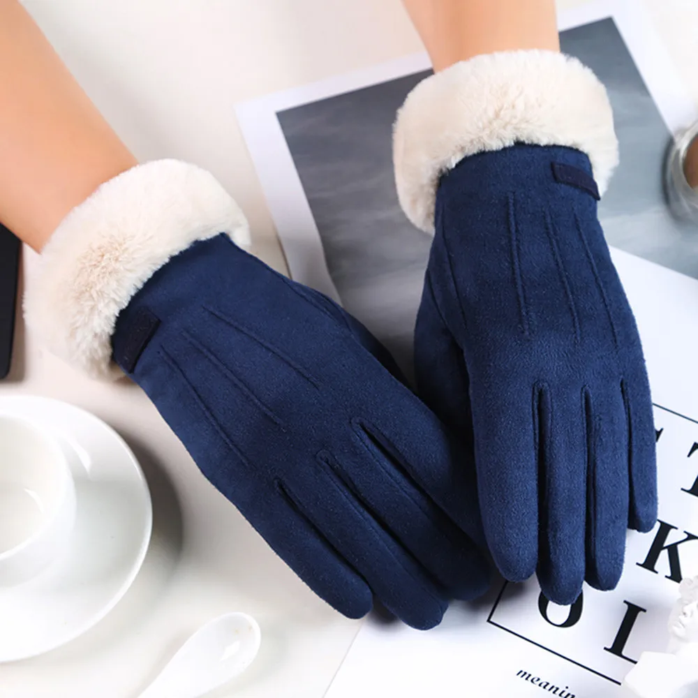 Winter Female Cashmere Warm Suede Leather Cycling Mittens Double Thick Velvet Plush Wrist Women Touch Screen Driving Gloves