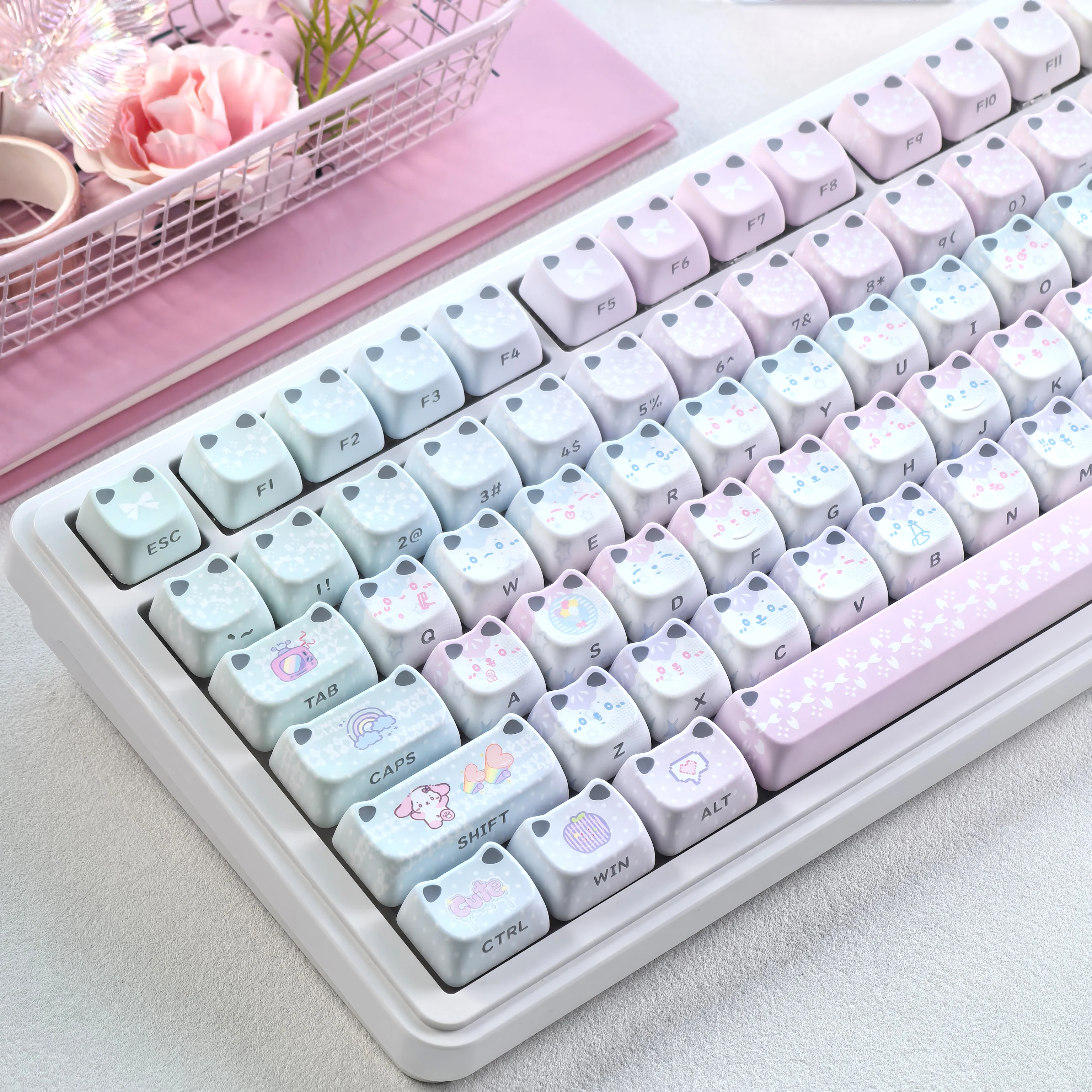 MAIMOOO Cute Cat Keycap Cat'S Ears Cat-Ear Shaped Bread Backlight Color Mao Pbt Sublimation Mechanical Keyboard Keycaps Set