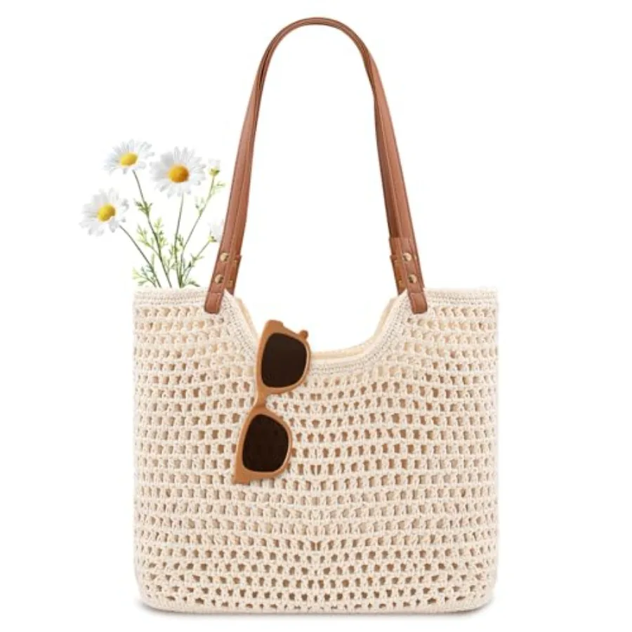 

Peicees Crochet Beach Bag Purse Boho Woven Tote with Leak-Proof Lining For Summer Vacation Travel Casual Shoulder Bag Soft