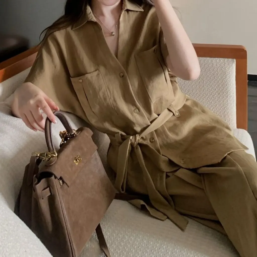 

Korean Style Summer Elegant Family Old Money Look Lace-Up Short-Sleeved Shirt And Wide-Leg Pants Suit for Women