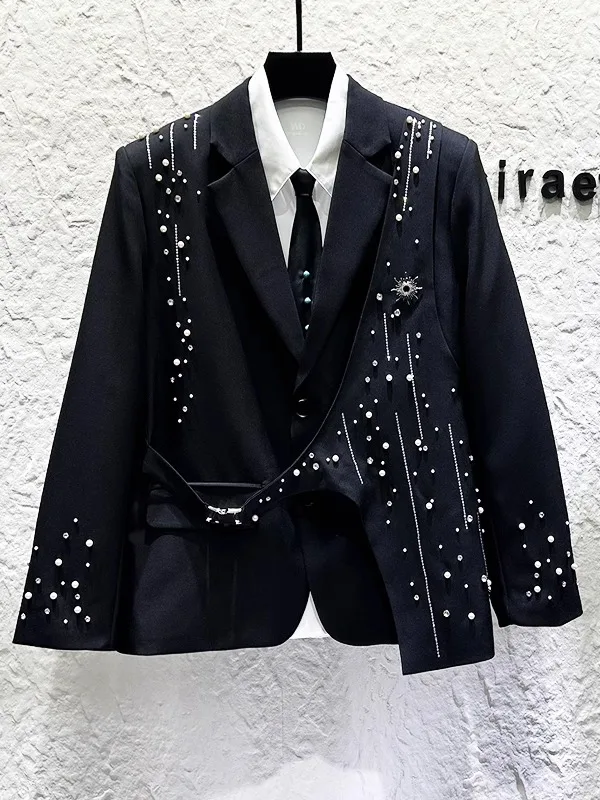 

Новая осенне-зимняя мужская модная черная куртка-пиджак с тяжелой вышивкой бисером, в стиле пэчворк, приталенная, повседневная, удлиненная