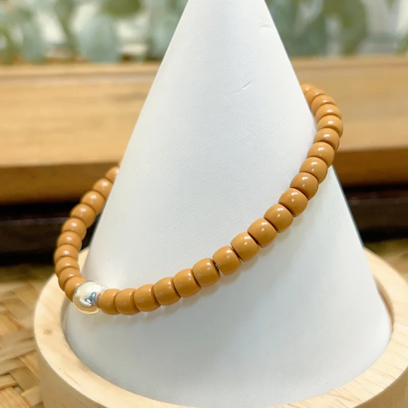 Olive Stone Bead Single Circle Bracelet with 925 Sterling Silver Hand Stringing and Buddhist Prayer Beads