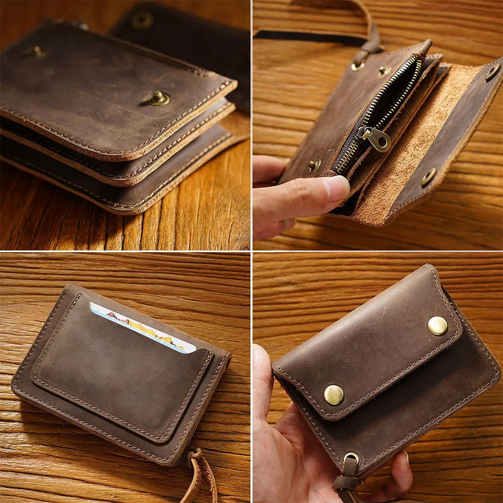 Men's and Women's Handmade Leather Cowhide Short Wallet, Retro Crazy Horse Leather Zipper Card bag, Coin Wallet