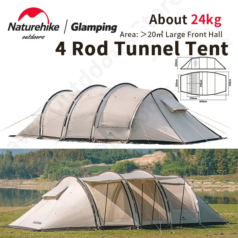 Naturehike Outdoor Tunnel Tent 5-8 People Camping Tent 20㎡ 150D Waterproof PU3000mm With Snow Skirt 2 Bedroom Garden Family Tent