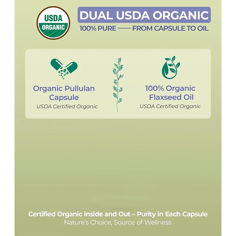 Organic Flaxseed Oil 1000mg, Containing Plant-based Omega-3 ALA Essential Fatty Acids for Heart and Skin, 60 Capsules