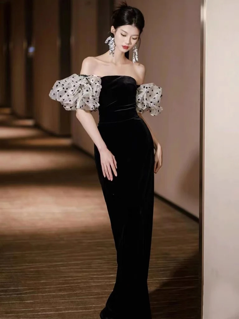 

Mermaid Cocktail Dresses Black Velevt Dot Off the Shoulder Long Boat Neck Arabic Dubai Woman High-end Party Evening Gonws