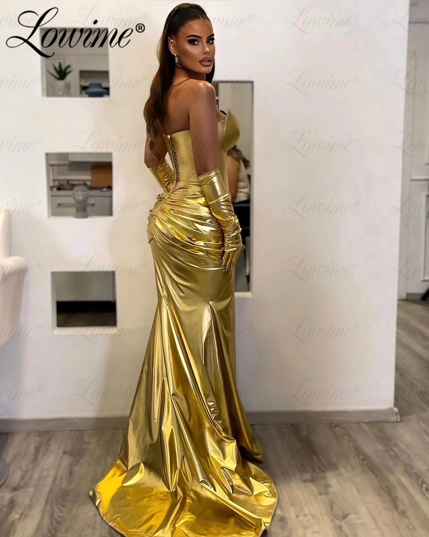 Robe De Soirée Modern Design Gold Evening Dresses With Gloves Mermaid Prom Dress Sweetheart Party Second Reception Birthday Gown