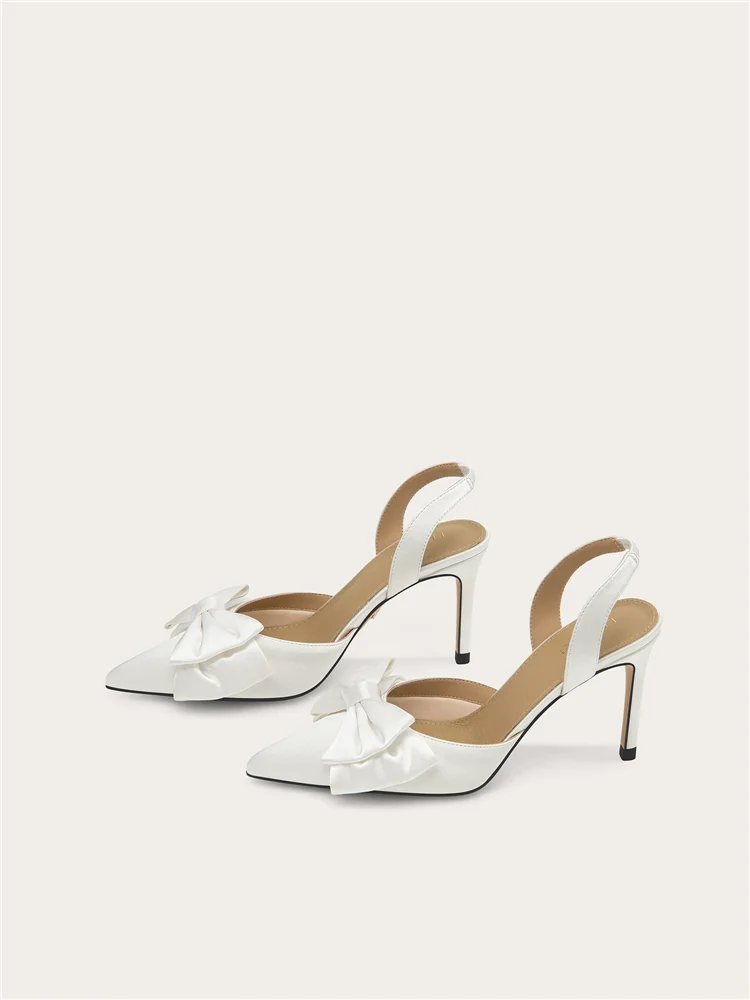 Summer new pointed white silk bow thin heels wedding shoes banquet dress large size small size widened high heels women's sandal - view 5