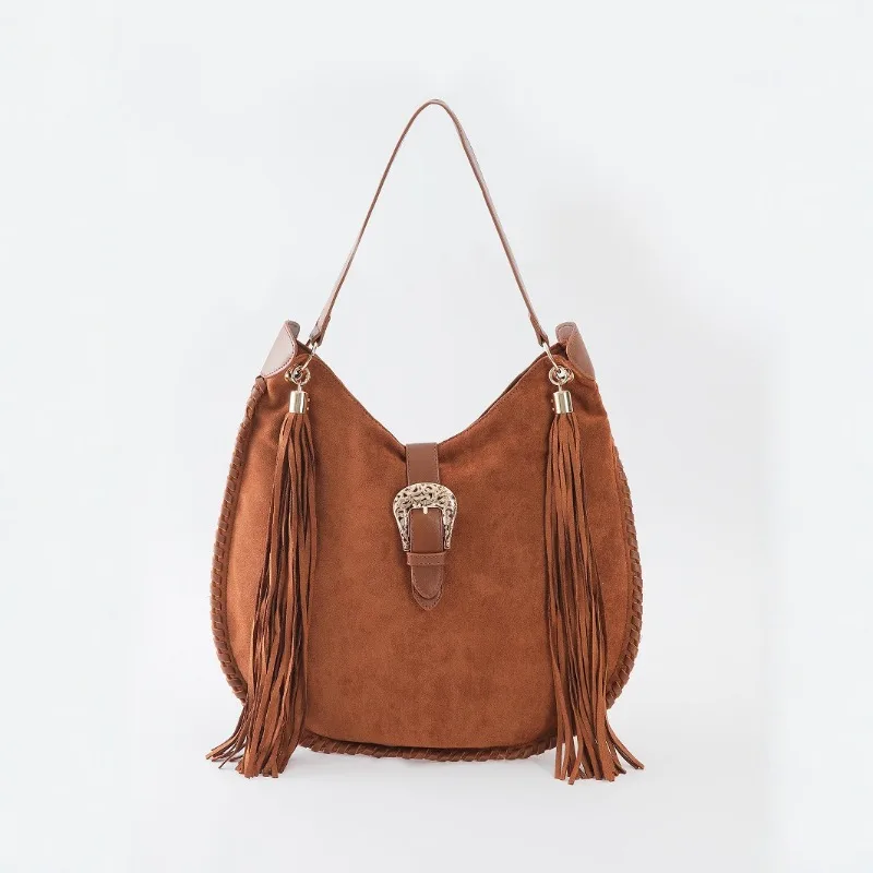 1 قطعة الخريف والشتاء الرجعية المنسوجة الجلد المدبوغ واحدة الكتف حقيبة تحت الإبط مهدب حقيبة كتف واحدة الألفية نمط حقيبة يد Pu